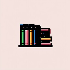 Poster - A delightful 8-bit pixel art of a pixelated library with glowing bookshelves, tiny windows, and sparkling stars, set on a pastel beige background for a cozy intellectual vibe. 