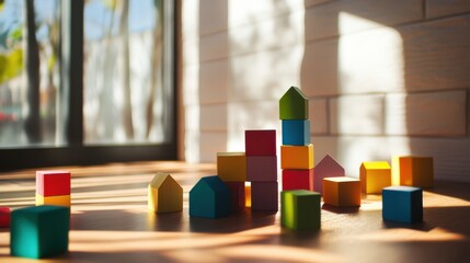 Poster - A playful building blocks setup in a sunlit room, Colorful blocks arranged creatively, Modern minimalist design