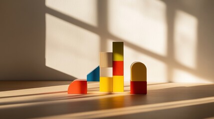 Poster - A playful building blocks setup in a sunlit room, Colorful blocks arranged creatively, Modern minimalist design