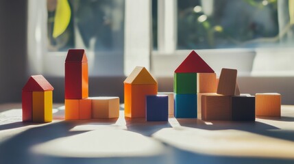 Poster - A playful building blocks setup in a sunlit room, Colorful blocks arranged creatively, Modern minimalist design