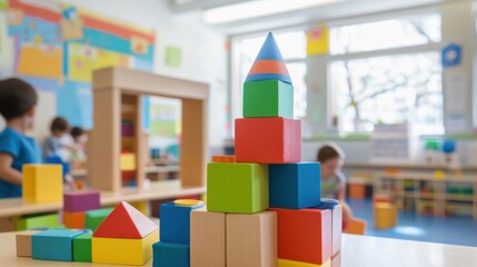 Poster - A playful kindergarten classroom with children building imaginative structures from blocks, Blocks stacked in creative formations, Early childhood education style