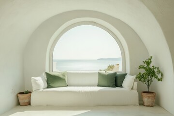 White arched window, white sofa with green pillows, and two potted plants on the floor against the wall. Minimalist interior design of a modern living room in a villa by the sea.