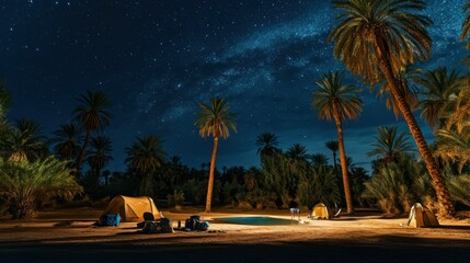 Poster - A remote camping site under a starry night sky in a desert oasis, Camping gear arranged under palm trees and beside a shimmering oasis pool, Desert oasis retreat style
