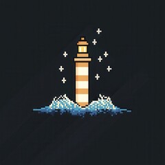 Wall Mural - An intricate 8-bit pixel art of a glowing pixelated lighthouse surrounded by crashing waves and sparkling stars, set on a dark pastel navy and aqua background for a peaceful nautical theme. 