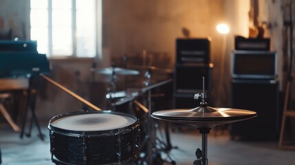 Poster - A rhythmic drumming setup in a minimalist studio, Drums arranged with artistic precision, Contemporary musical style