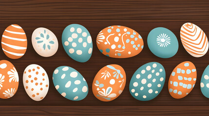 Festive Easter eggs on wooden background, spring holiday decoration, web banner design.