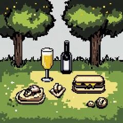 Canvas Print - A charming 8-bit pixel art of a glowing pixelated picnic scene with tiny pixelated sandwiches, glowing drinks, and sparkles, set on a pastel yellow and green background for a cheerful outdoor 