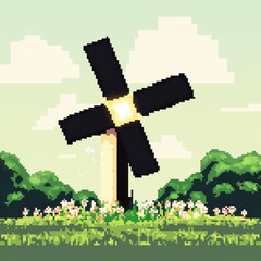 Poster - A charming 8-bit pixel art of a glowing pixelated windmill surrounded by tiny pixelated tulips and sparkles, set on a pastel green and pink background for a peaceful countryside theme. 