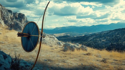 Aufkleber - A rugged archery range set in a mountainous terrain, Bows and arrows set against a dramatic sky, Dramatic outdoor style