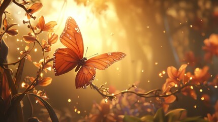 Wall Mural - Orange butterfly on orchid branch at sunset.