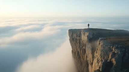 Canvas Print - Solitary figure standing on a clifftop above a sea of clouds at sunrise.