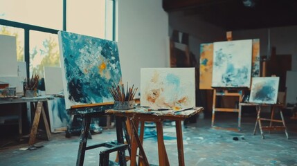 Poster - A scenic painting session in an airy studio, Brushes and canvases arranged creatively, Contemporary artistic style