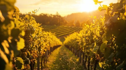 Poster - A scenic vineyard with grape-picking tools amidst rows of vines, Viticulture harvest season style, photo of