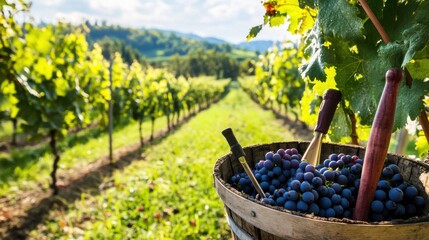Poster - A scenic vineyard with wine-making tools amidst rows of grapevines, Vineyard harvest and winemaking style, photo of