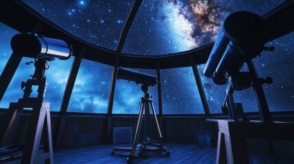 Poster - A serene astronomy observatory with telescopes and celestial charts, Astronomical tools arranged under a starry night sky, Observatory style