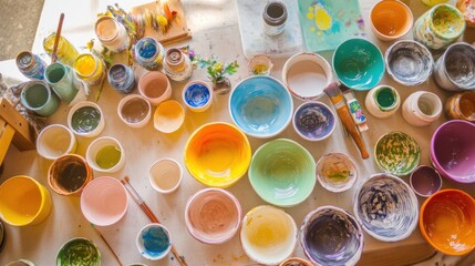 Aufkleber - A serene ceramics painting workshop with ceramic paints and pottery, Painting tools organized in a bright workshop setting, Artistic workshop style