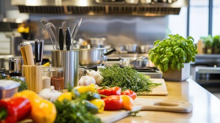 Wall Mural - A serene cooking classroom with chef's tools and fresh ingredients, Culinary tools and kitchen stations arranged for a cooking class, Gourmet kitchen style