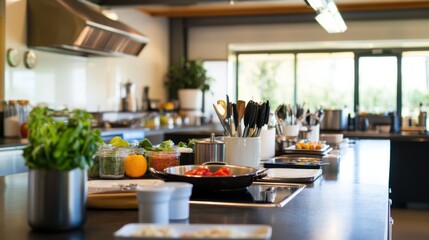 Aufkleber - A serene cooking classroom with chef's tools and fresh ingredients, Culinary tools and kitchen stations arranged for a cooking class, Gourmet kitchen style