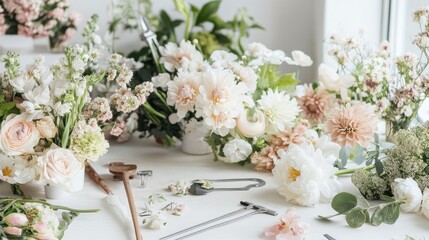 Poster - A serene floral design studio with florist tools and fresh flowers, Floral arrangement tools arranged in a bright studio space, Botanical studio style