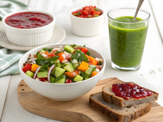 Green salad in a white bowl and green smoothie Put them next to each other and eat for good health