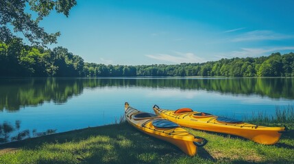Aufkleber - A serene kayaking setup beside a calm lake shore, Kayaks and paddles neatly placed, Naturalistic photographic style