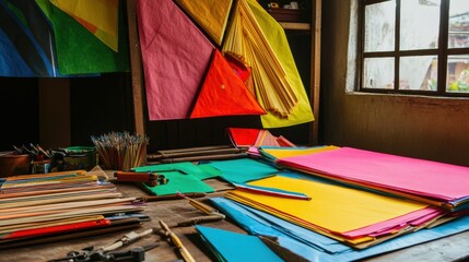 Poster - A serene kite-making workshop with colorful paper and kite-making tools, Kite-making tools arranged on worktables, Artisanal workshop style