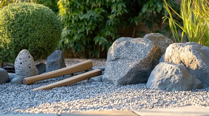 Aufkleber - A serene meditation garden with zen gardening tools and peaceful ambiance, Zen contemplation retreat style, photo of