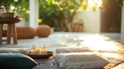 Poster - A serene meditation retreat with cushions and tranquil decor, Meditation space surrounded by candles and incense, Mindful lifestyle style