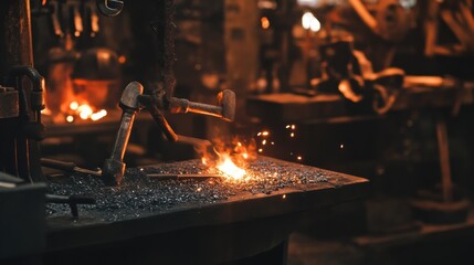Poster - A serene metalworking forge with blacksmith tools, Metal sculptures taking shape, Artisanal workshop style