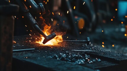 Poster - A serene metalworking forge with blacksmith tools, Metal sculptures taking shape, Artisanal workshop style