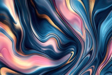 Poster - Colorful abstract swirl of pink, blue, and gold textures creating a fluid artistic expression