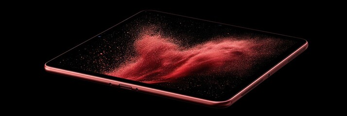 Wall Mural - Red tablet computer displaying red dust particles on black background.