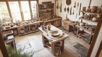 Aufkleber - A serene pottery wheel studio with pottery tools and spinning clay, Pottery tools arranged around spinning pottery wheels, Artistic studio style