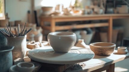 Aufkleber - A serene pottery wheel studio with pottery tools and spinning clay, Pottery tools arranged around spinning pottery wheels, Artistic studio style