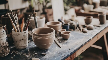 Poster - A serene pottery workshop with clay and sculpting tools, Artisan ceramic creation style, photo of