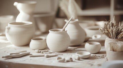 Poster - A serene pottery workshop with clay and sculpting tools, Artisanal ceramic creation style, photo of