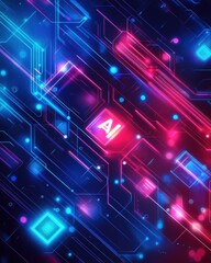 Poster - Abstract Neon Circuitry Design Featuring Artificial Intelligence