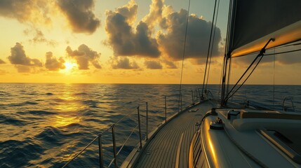 Aufkleber - A serene sailing excursion on a calm ocean at sunset, Sailing equipment neatly prepared on deck, Nautical adventure style