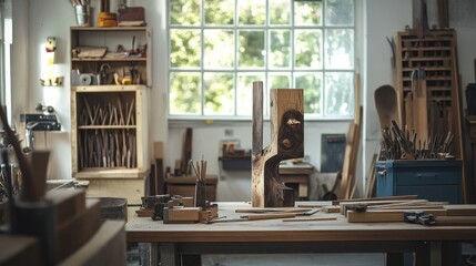 Aufkleber - A serene woodworking studio with hand tools, Wooden sculptures in progress, Artistic workshop style