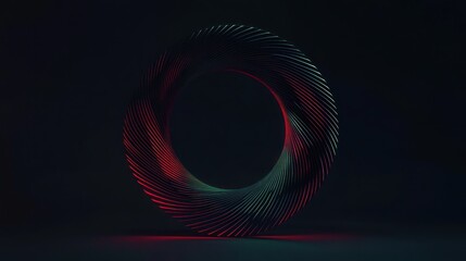 Abstract swirling ring with red and teal neon lighting on dark background.