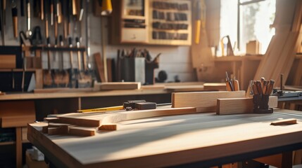 Poster - A serene woodworking studio with woodworking tools and timber, Woodworking tools arranged in a well-lit workshop, Contemporary workshop style