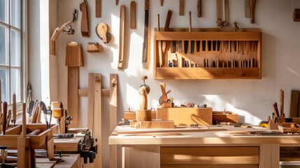 Poster - A serene woodworking studio with woodworking tools and timber, Woodworking tools arranged in a well-lit workshop, Contemporary workshop style