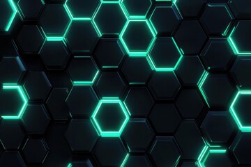 Poster - Futuristic hexagonal patterns illuminated with neon blue light on a dark background
