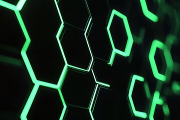 Poster - Green hexagonal patterns glowing on a dark background create a modern and futuristic atmosphere in digital art