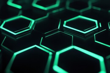Poster - Hexagonal patterns with glowing green light create a futuristic design in a dark environment