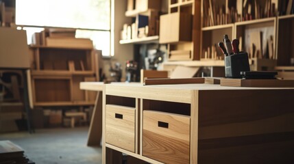 Aufkleber - A serene woodworking workshop with power tools, Custom furniture pieces under construction, Minimalist artisan style