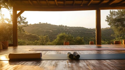 Poster - A serene yoga retreat with mats and tranquil natural surroundings, Yoga sanctuary amidst serene landscapes and mindfulness decor, Holistic wellness style