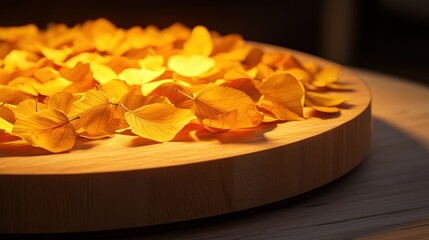 Poster - Golden petals scattered on a wooden board.