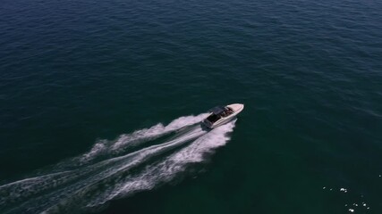 Wall Mural - 4K Drone Video of a Speed Boat: Aerial Top View of a White Motor Boat Cutting Through Turquoise Water with Elegance