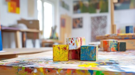Aufkleber - A therapeutic art therapy studio with clients using blocks for expressive art sessions, Blocks arranged for therapeutic expression, Expressive therapy style